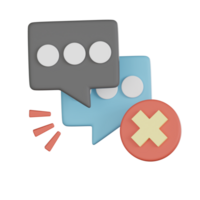 3d icono de vacío charla estados con cancelar símbolo y habla burbujas en gris y azul colores demostración comunicación error o mensaje supresión png
