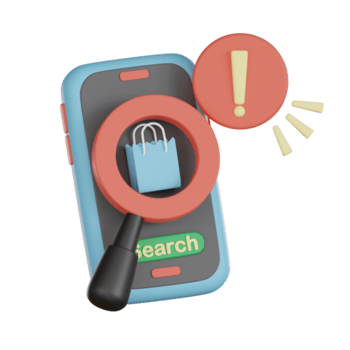 3d icon of smartphone with magnifying glass focusing on shopping bag and search button showing alert symbol states empty result png