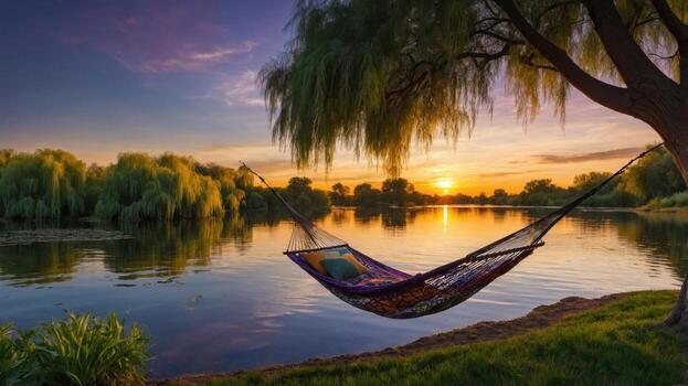 Serene sunset view over a calm river with a hammock between trees, creating a peaceful retreat photo