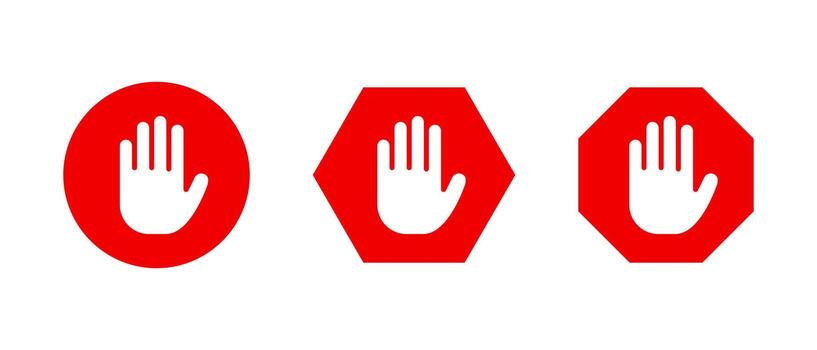 Stop hand sign in red circle and polygon shapes. Raised palm gesture icon. Access restriction symbol vector