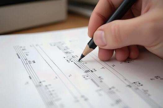 A person is writing on a sheet of music photo