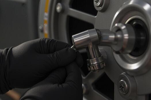 A person in black gloves is adjusting a valve on a machine photo