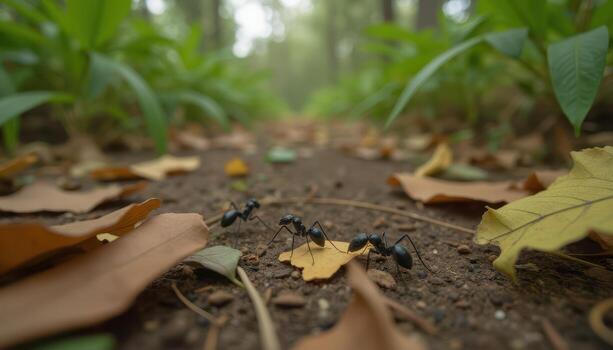 ground level shot of ants moving across a forest floor with leaf fragments. photo