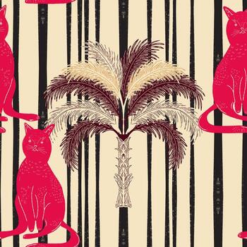 a pattern with palm trees and cats vector