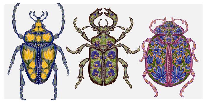 Tres escarabajos con diferente diseños en ellos vector