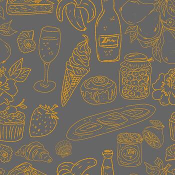 a seamless pattern with food items on a gray background vector