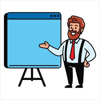 Man in a strict suit posing before a banner, flat style. Ideal for formal events, business promotions, and leadership visuals. vector