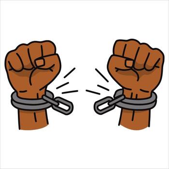 Breaking chains with raised hands . Freedom and liberation concept in sketch style. vector