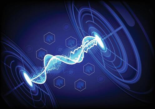 Abstract background technology of connection to transmit data with cloud computing icons between a wave of information and electric current that exchanges back and forth. vector