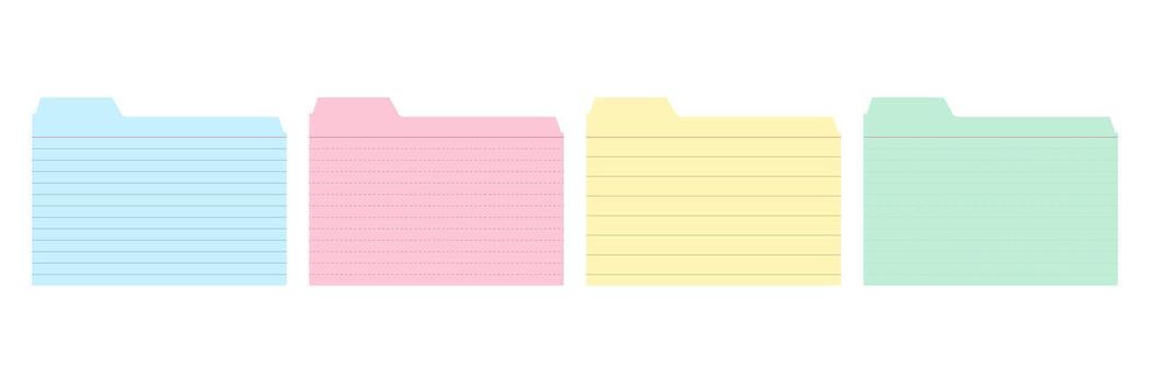 Colorful index card set for study notes and data organization. Blank lined pastel flashcards for learning and information display. vector
