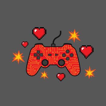 Retro Gaming Controller with Pixel Art Hearts and Explosions. vector