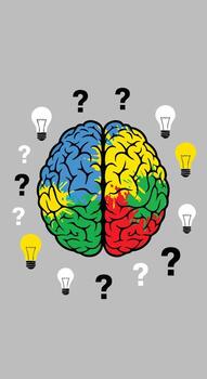Colorful Brain with Question Marks and Light Bulbs. vector