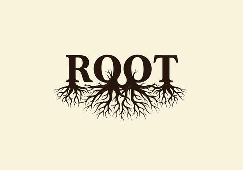 Root word typography with intricate tree roots design. vector