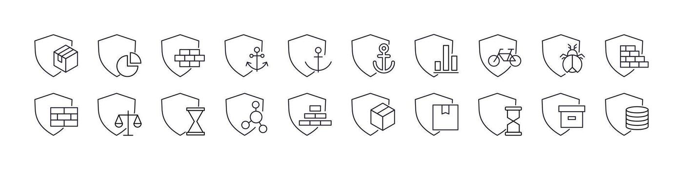 Collection of Box, Brick Wall, Anchor by Shield Related Line Icons. Outline Signs for Graphic and Web Design, Apps, Adverts, Various Cards vector