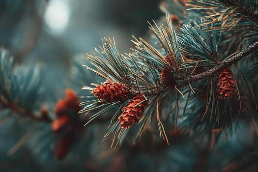 Pine tree branch in focus showing fine needle texture and lifelike details in calm setting photo