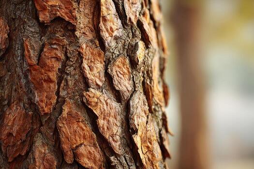 Pine bark with rough texture shown in lifelike style under soft forest lighting and calm setting photo