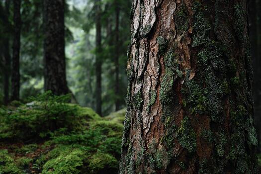 Close up of pine tree trunk with textured bark and moss captured in detailed realistic view photo