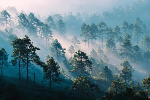 Realistic pine forest covered in morning mist with soft light filtering through the tall trees photo