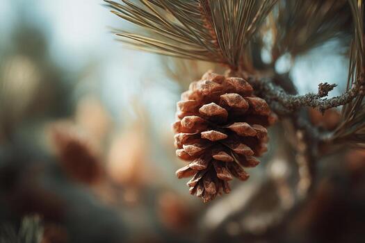 Pine cone in focus with soft background light and earthy textures in realistic macro photography photo