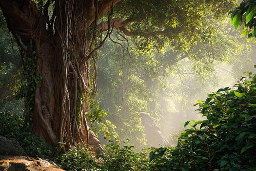 Ancient tree in a misty forest photo