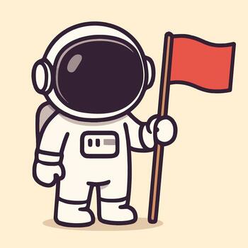 Illustration of a cute cartoon astronaut in a spacesuit stands holding a red flag, symbolizing space exploration, adventure, and the achievement of new goals in the vast universe of science vector