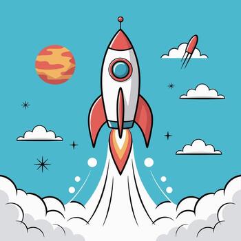 Illustration of a retrostyle rocket ship launching into space amidst clouds and planets, isolated on white background, symbolizing adventure, exploration, and the future of space travel and vector