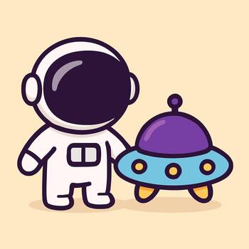 ilustración de un linda astronauta dibujos animados personaje soportes siguiente a un vistoso OVNI astronave, Listo para un intergaláctico aventuras y un primero encuentro con extraterrestre vida en el vasto vector