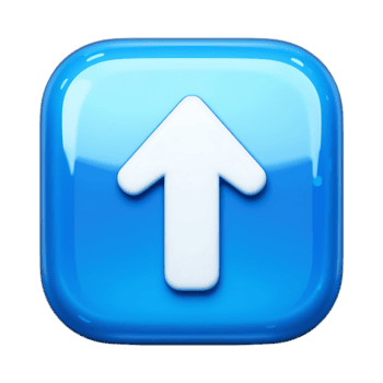 A glossy blue square icon with a white arrow pointing upwards in a 3d rendering isolated on transparent background png