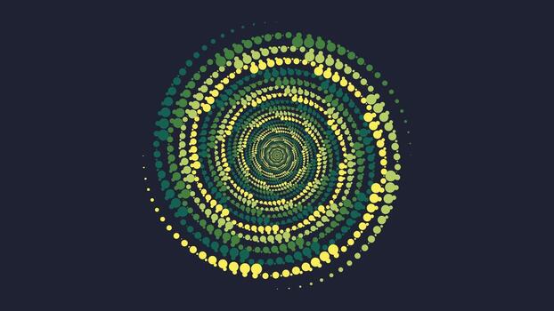 Circular drop-shaped dot pattern with green and yellow gradients forming concentric rings on a dark background vector
