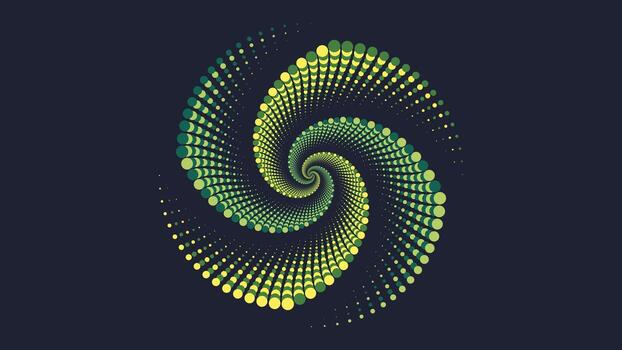 Radiating spiral vortex of green and yellow gradient dots forming a dynamic motion illusion on a dark navy background vector