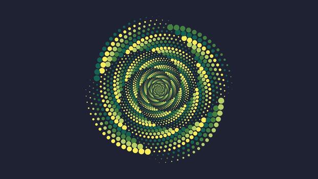 Circular swirl pattern of green and yellow gradient dots creating a layered optical illusion against a dark blue background vector