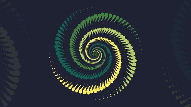 Dynamic spiral with teardrop-shaped dotted elements creating a swirling motion in green and yellow hues on a dark background vector