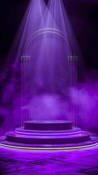 Purple Stage of Illumination. A captivating stage design, bathed in violet light and engulfed in a mystical atmosphere, creating a dramatic scene with a sense of anticipation and wonder photo