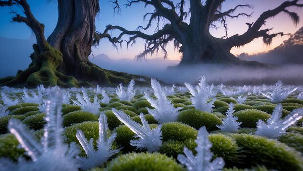 Frozen Landscape with Crystals on Moss Under Trees in Fog photo