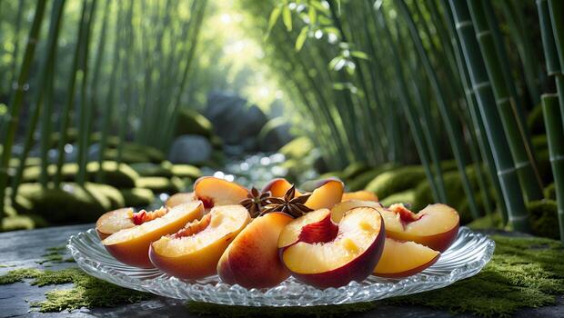 Serving Fresh Peach Slices with Star Anise in Bamboo Forest photo