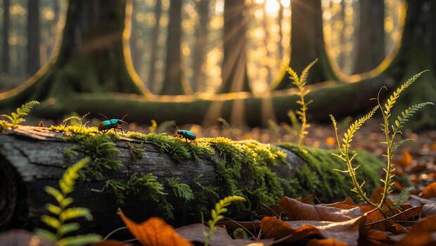 Exploring Tiny Beetles on Mossy Log in Forest at Sunset photo