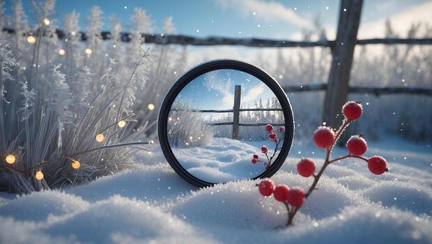 Winter Wonderland Reflection Snow Scene with Fence and Red Berries photo
