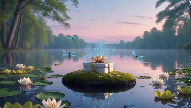 regalo caja con arco flotante en cubierto de musgo Roca en sereno lago foto