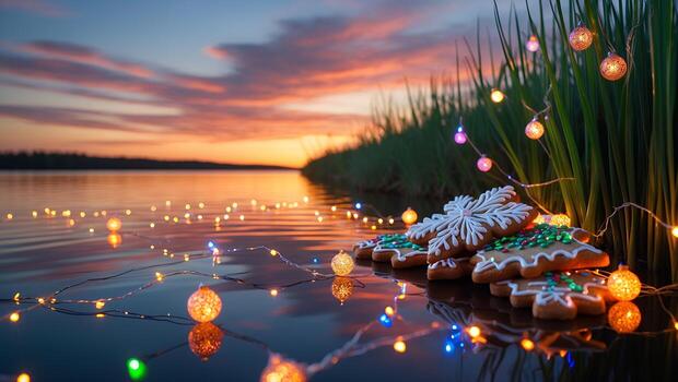 Gingerbread Cookie Arrangement Near Lake with Evening Sky and String Lights photo