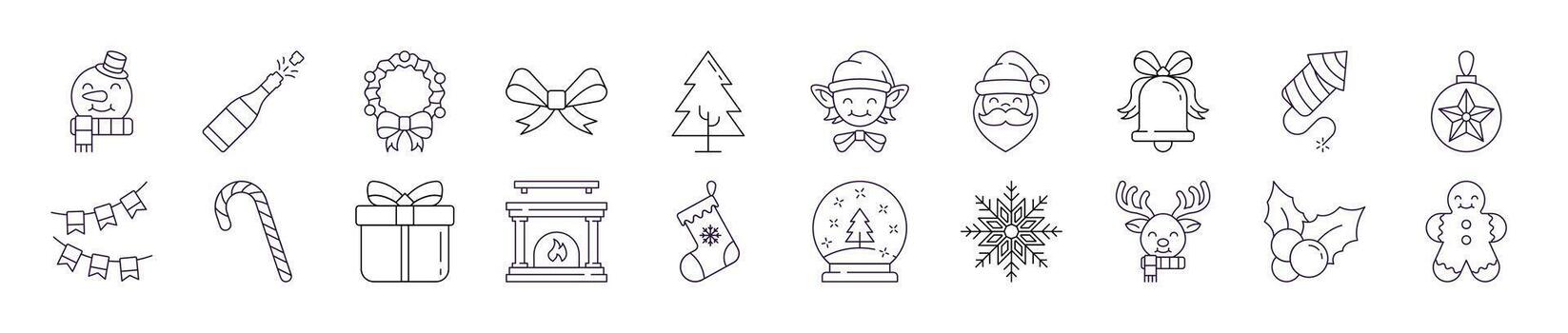 Collection of icons of Christmas and New Year for Advertisement. Suitable for books, stores, shops. Editable stroke in minimalistic outline style. Symbol for design vector