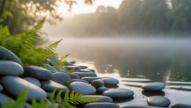 Calm Lake Scene with Rocks Ferns and Mist at Sunrise photo