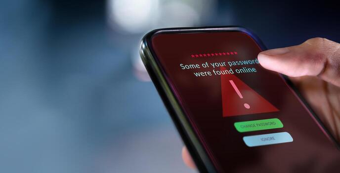Close up smartphone display with cybersecurity alert, highlighting risks of cybercrime, data breach, and digital vulnerability. red tone photo