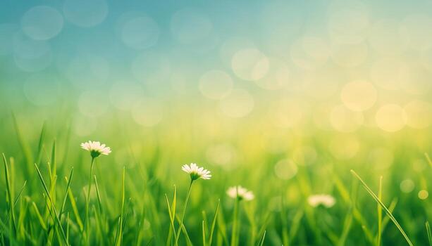 Macro grass and white flowers in soft natural light with bokeh background and refreshing color transitions photo