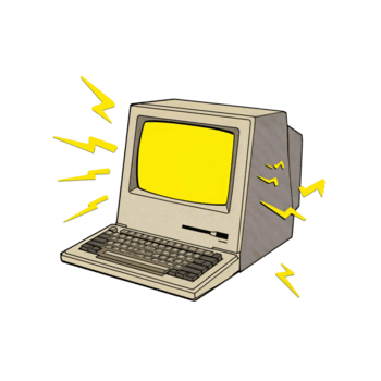 retro dator omgiven förbi blixt- bultar på ett isolerat transparent miljö png