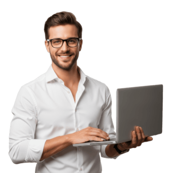 uma bonito jovem homem dentro uma branco camisa e óculos sorrisos com confiança enquanto segurando e digitando em uma prata computador portátil. ideal para negócios, tecnologia, ou Educação temas. png