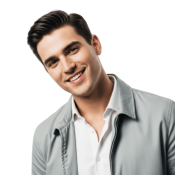 uma bonito jovem homem com uma brilhante, amigáveis sorriso. ele desgasta uma à moda luz cinzento jaqueta, adequado para vários profissional e estilo de vida usa. png