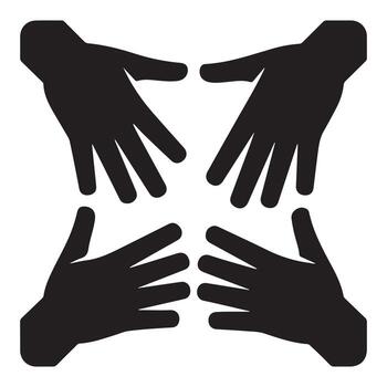 Four black hands reaching towards center on white background teamwork unity vector