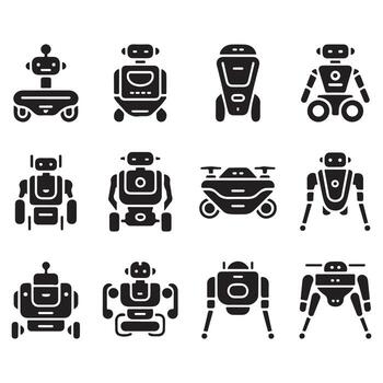doce negro robot íconos en blanco antecedentes varios diseños androide cyborg vector