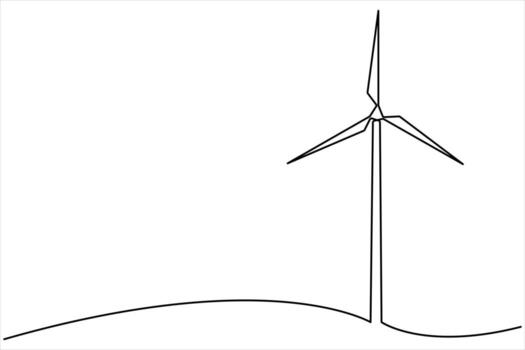 Wind energy in continuous single line art drawing hilly landscape with wind turbines producing electricity. Renewable source of power single line vector