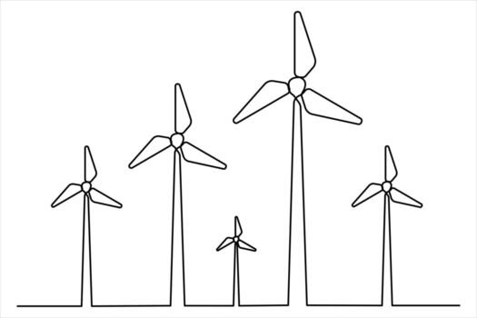 Wind energy in continuous single line art drawing hilly landscape with wind turbines producing electricity. Renewable source of power one line vector